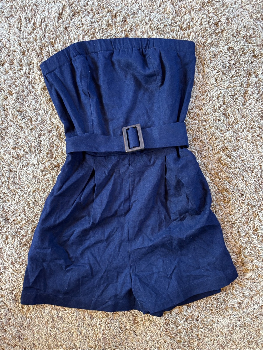 Monteau Los Angeles Strapless Navy Blue Linen Blend Shorts Romper